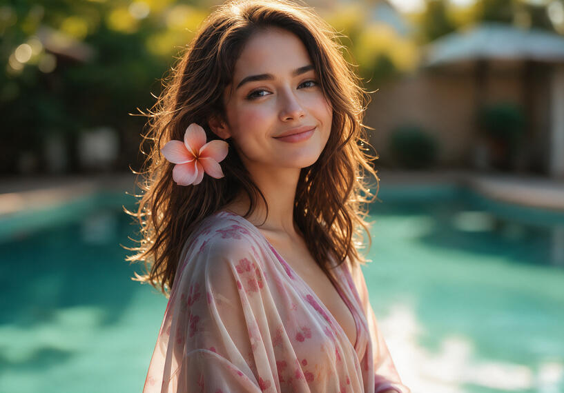 Loose-fitting, flowing semi-sheer floral kimono-style cover-up with a draped/open front.